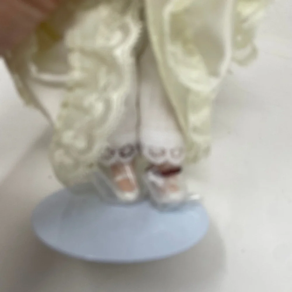 Vintage Porcelain Collector Doll 11.5 Inch Ivory Lace Satin Gown with Stand